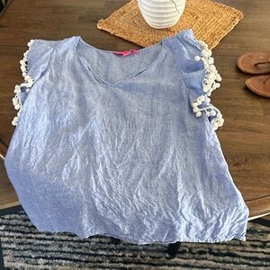 Lilly Pulitzer Blue Pom-Pom Sleeve Women's Top